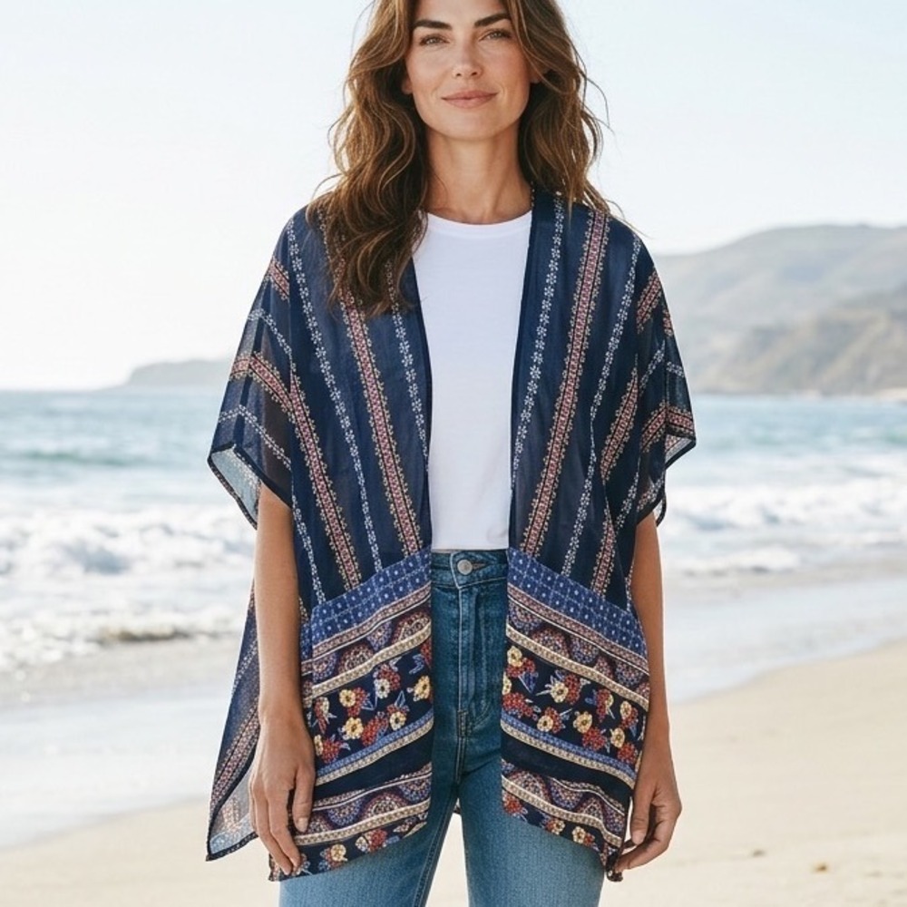 Live 4 Truth Navy Floral Striped Kimono‎ Cardigan Lightweight Boho S Festival
